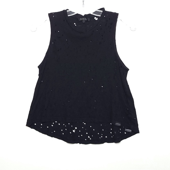 KORAL Organic Hemp Cotton Factory Distressed Laser Cut Black Hi Lo Tank Top sm - Picture 1 of 8